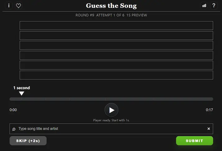 Songless Guess the Song game with a 1-second music preview